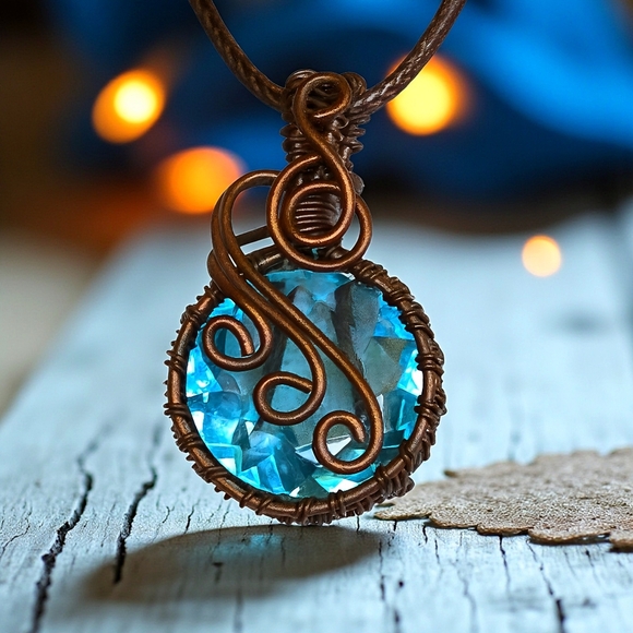 π Boho Chic Genuine Light Blue Quartz Copper Wire Wrapped Pendant Necklace - Picture 1 of 12